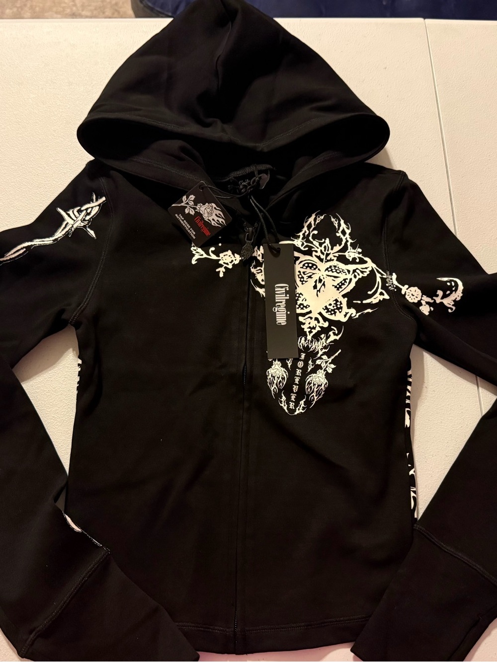 Civil Regime Zip-Up Long Sleeve Small Gothic Tribal Floral Black Womens Hoodie